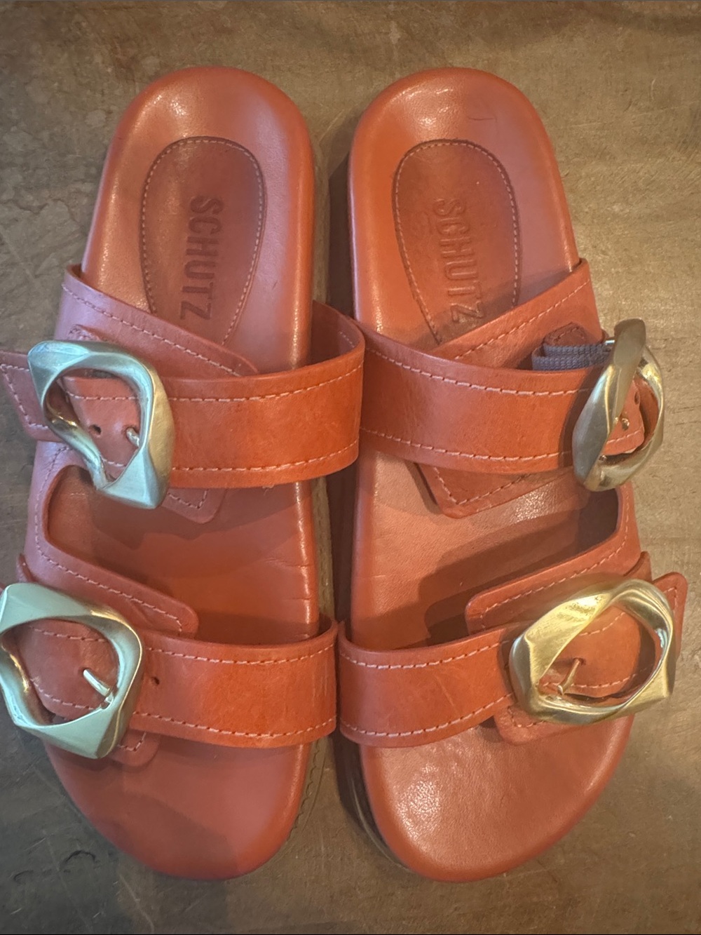 SCHUTZ Red Leather Double Buckle Slide Sandals